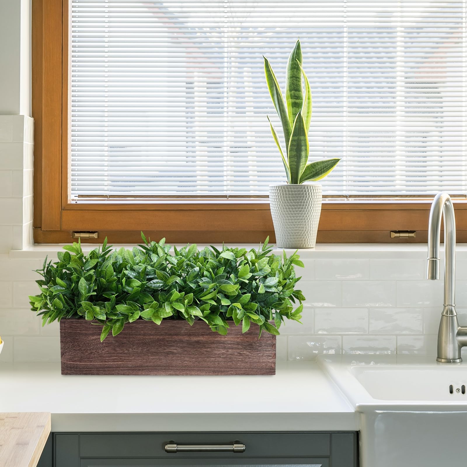 14″ Artificial Boxwood Plants in Rectangular Wood Planter Farmhouse Greenery …