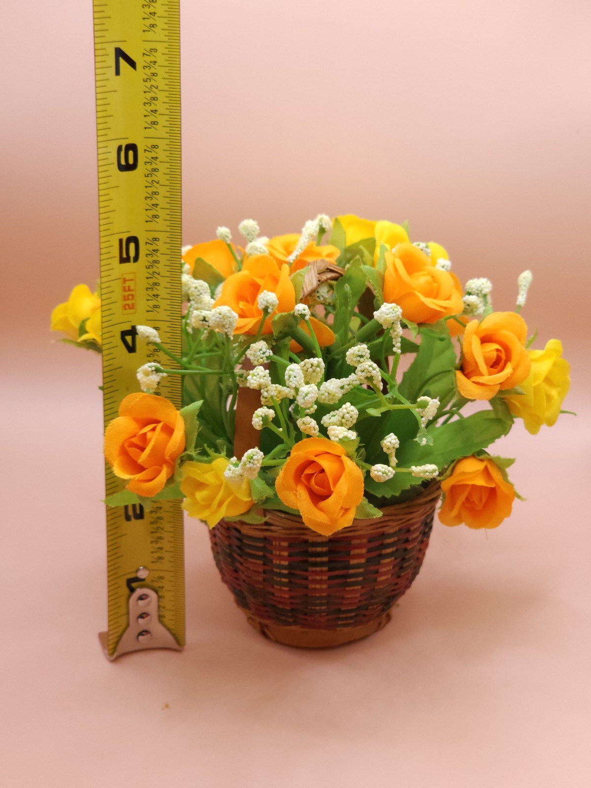 Sunny Yellow & Orange Rose Faux Floral Arrangement in Wood Woven Basket
