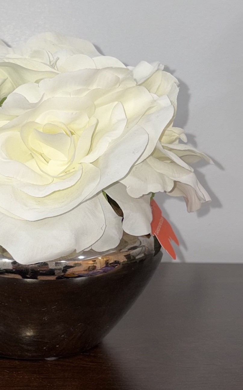 Gardeners Eden Faux White Rose Floral Arrangement in Silver Bowl Centerpiece 8×8