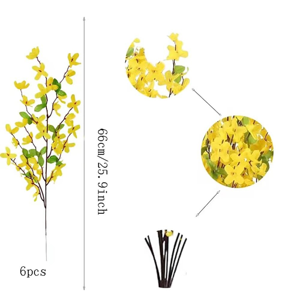 6Pcs Artificial Forsythia Flower Branches Spring Summer Yellow Silk Fake Wint…