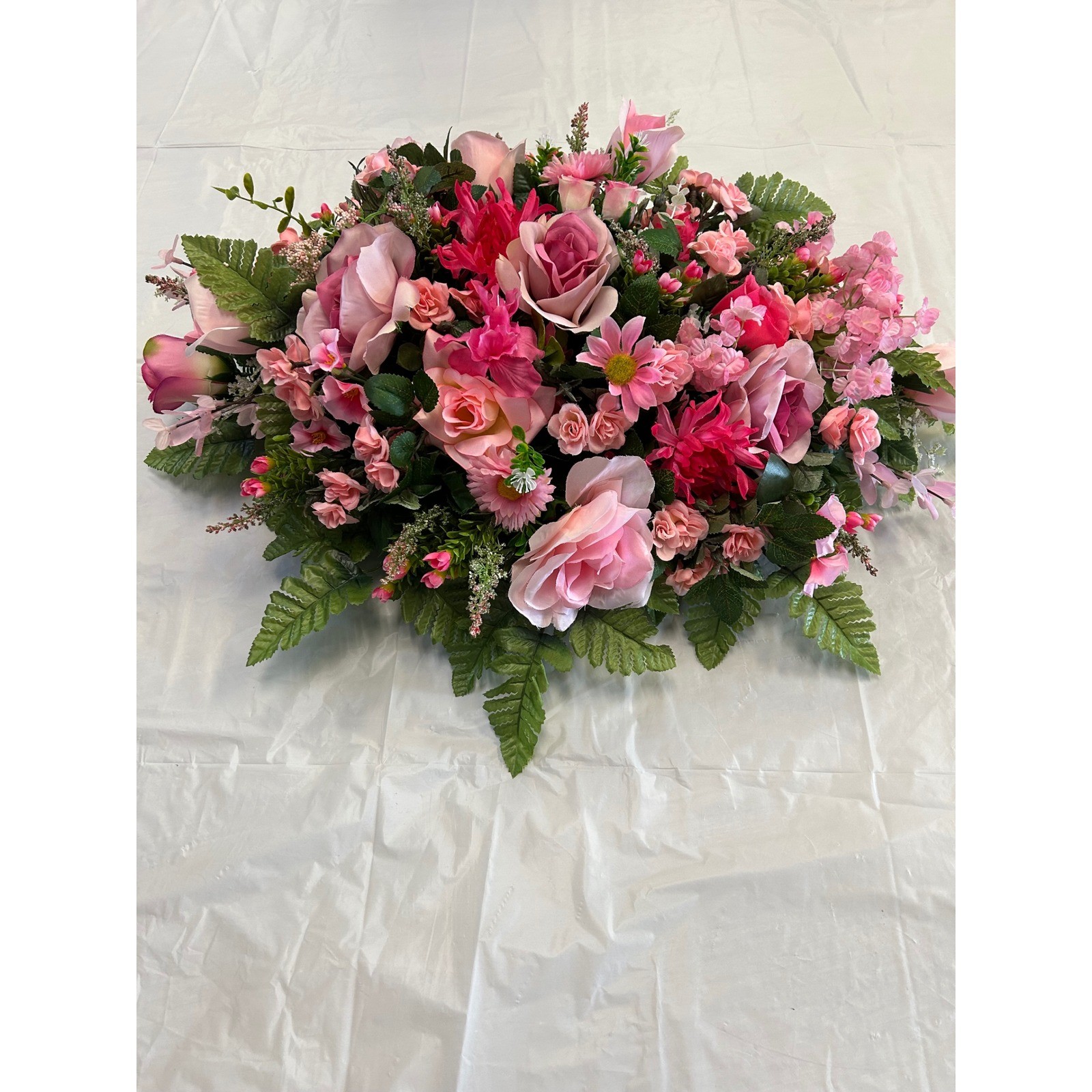 Pink Rose and Daisy Artificial Floral Cemetery Saddle Spray Arrangement 28in