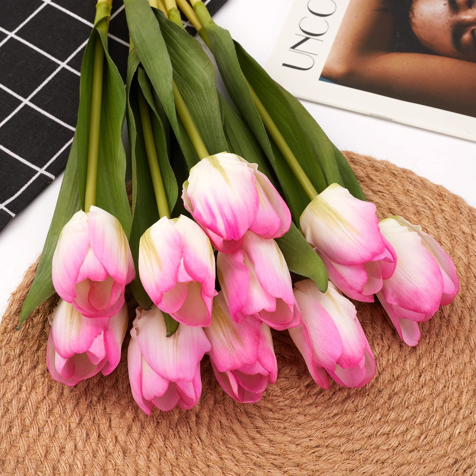 20 PCS Pink Green Artificial Tulips Real Touch Faux Flower Moisturizing