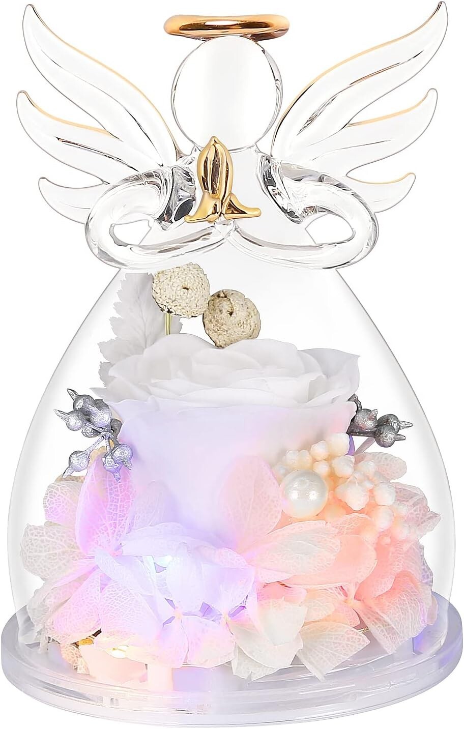 Sentimental Glass Angel Figurine with White Preserved Rose – Gift Box Included