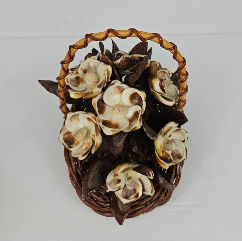 Seashell Art Floral Arrangement In Basket BOHO Vintage handmade decor 6 1/2″tall