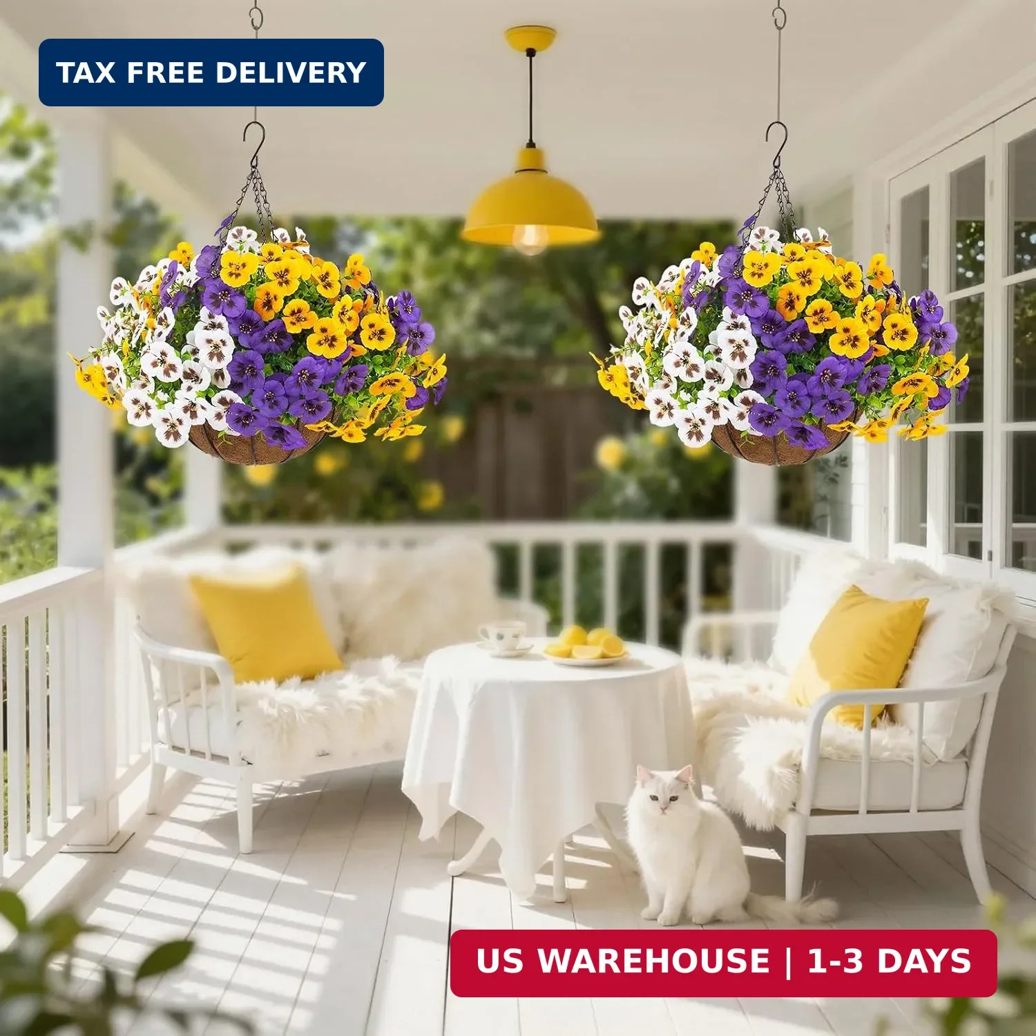 2 Sets Artificial Hanging Pansy Flowers with Baskets, 24 Pcs UV Resista