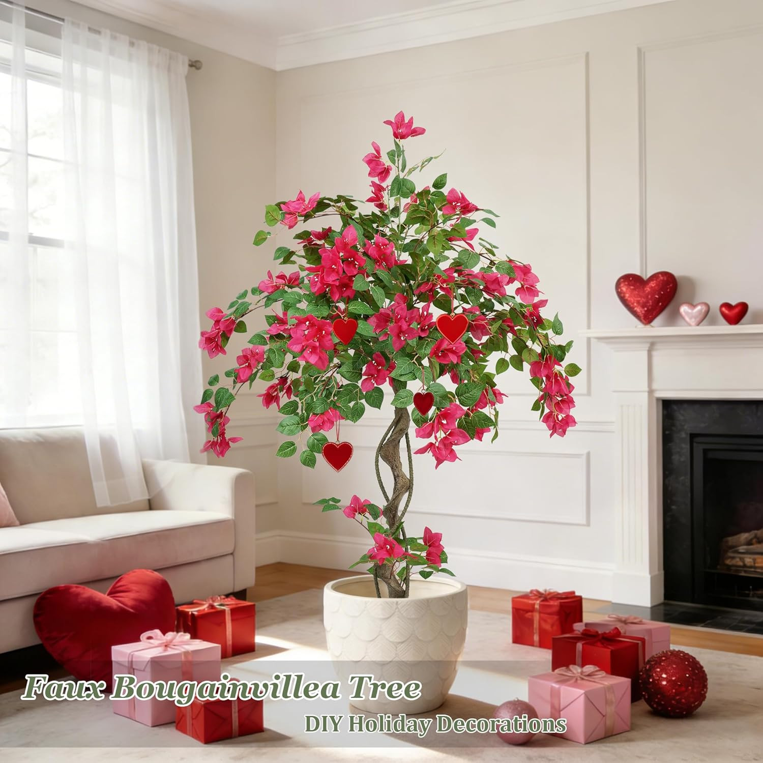 4FT Artificial Bougainvillea Tree with Realistic Pink Silk Flowers, Tall Faux Fl