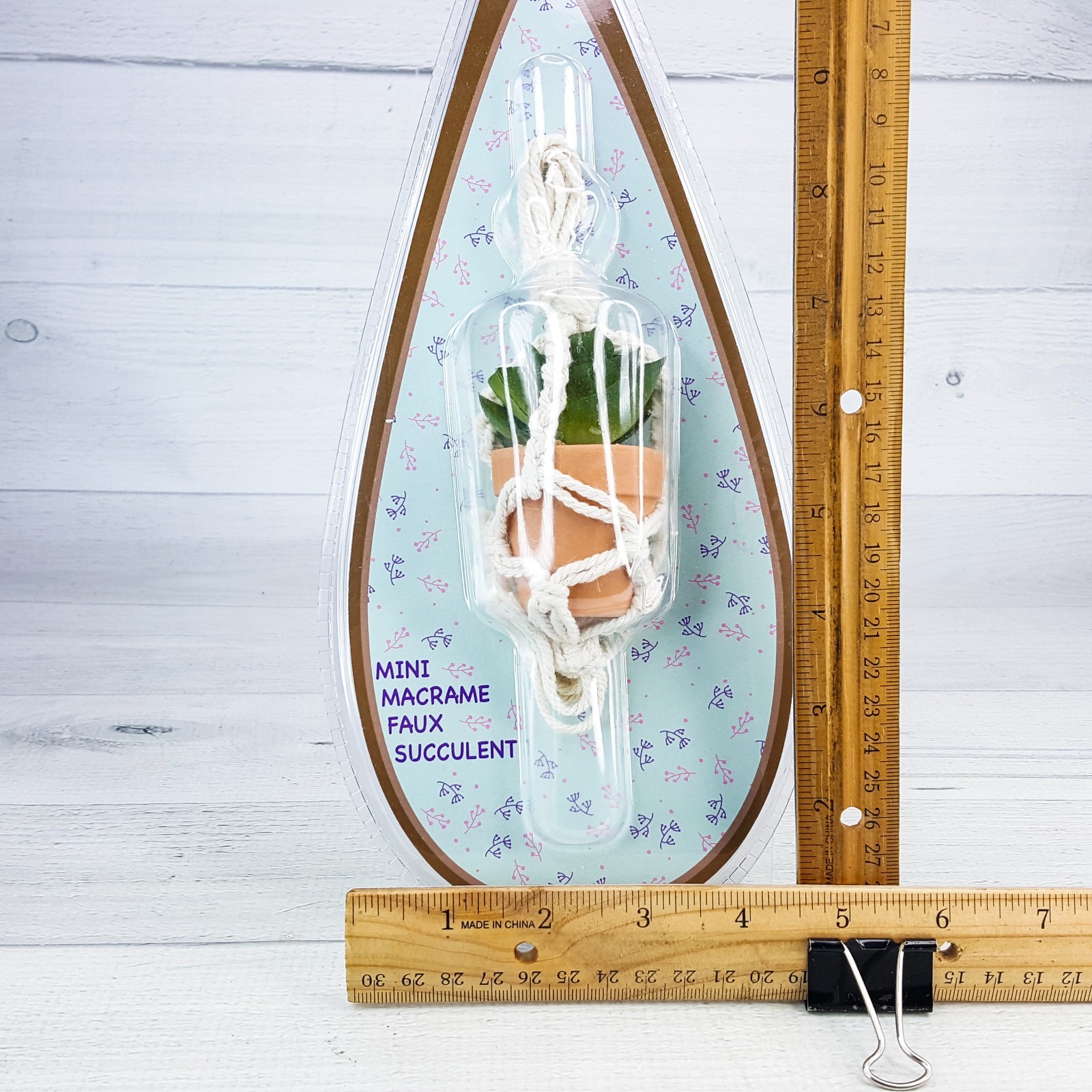 Mini Macrame 3″ Faux Succulent Hanging Plant w Holder Hanger Clay Pot NEW
