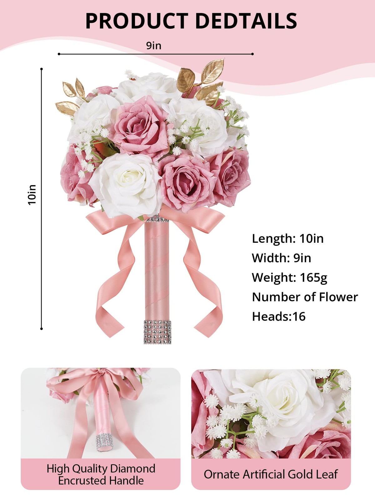 1 PCS Wedding Bouquets 9 Inch Artificial Rose Bridal Ivory White Pink Silk