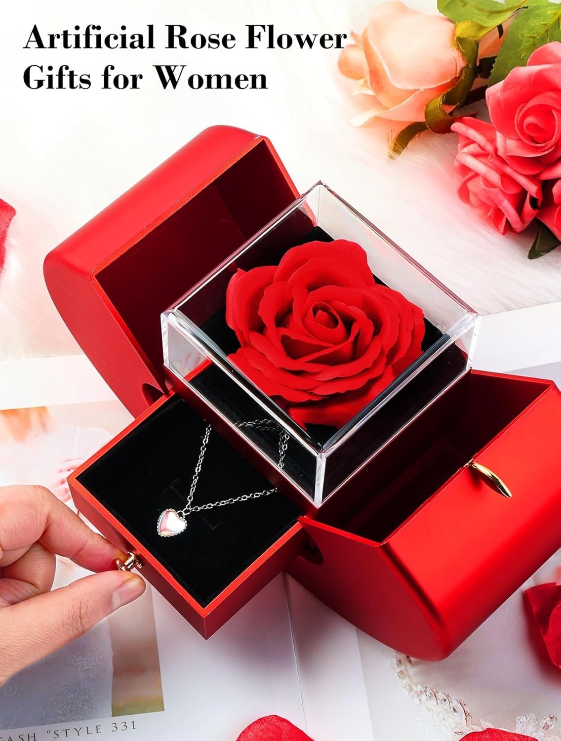 Forever Red Roses in A Box Preserved Rose with Rainbow Necklace Heart Box