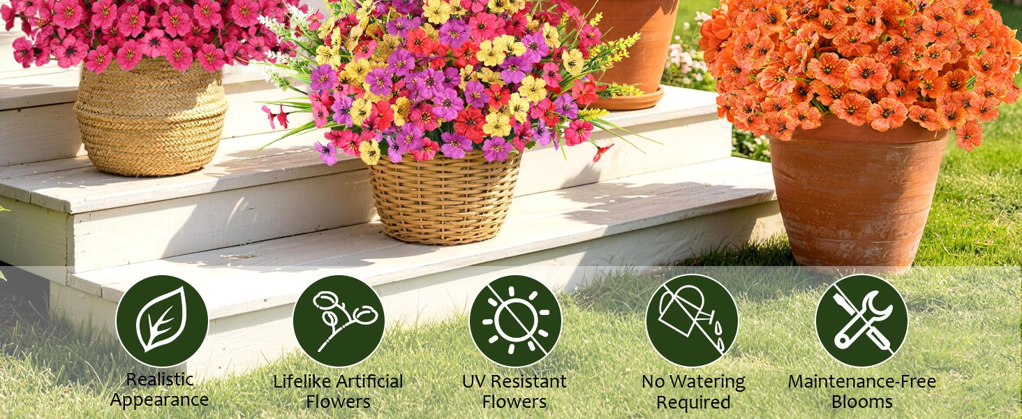 24 Bundles Artificial Flowers for Outdoors, Realistic Fake Silk Flowers for
