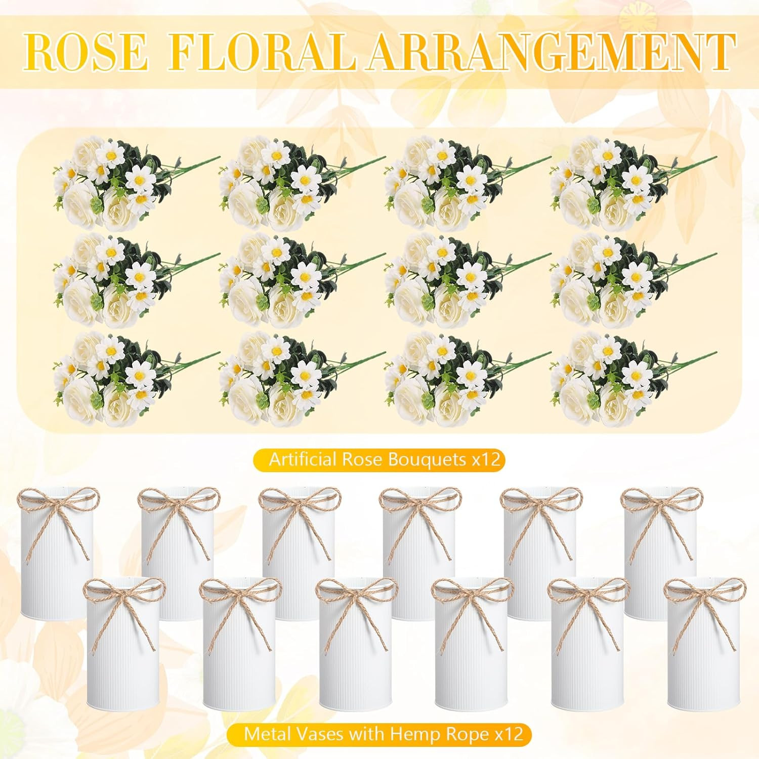 Elegant White Silk Rose Centerpieces with Metal Vases for Weddings & Parties