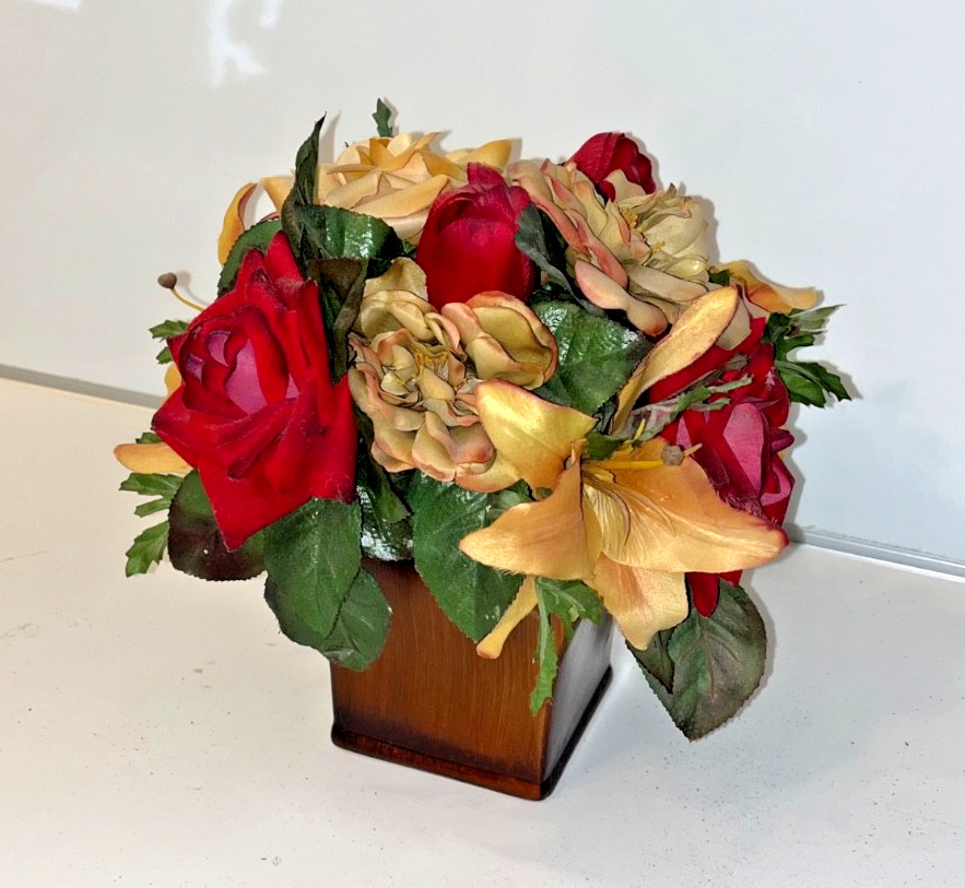 Red & Yellow Faux Flower Roses Centerpiece Beige Mahoga Brown Neutral Home Decor