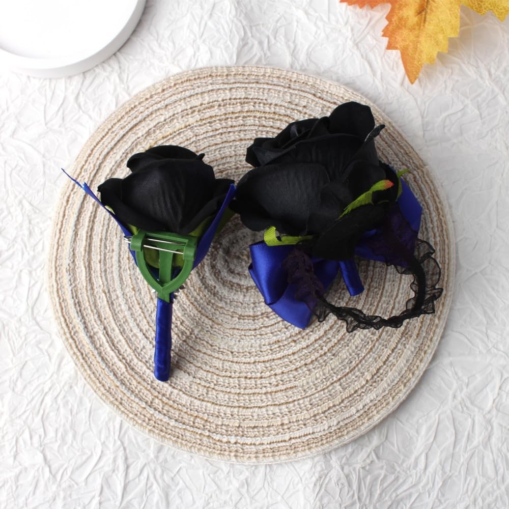 2 PCS Blue Black Rose Wrist Corsage Boutonniere Set Prom Party Homecoming