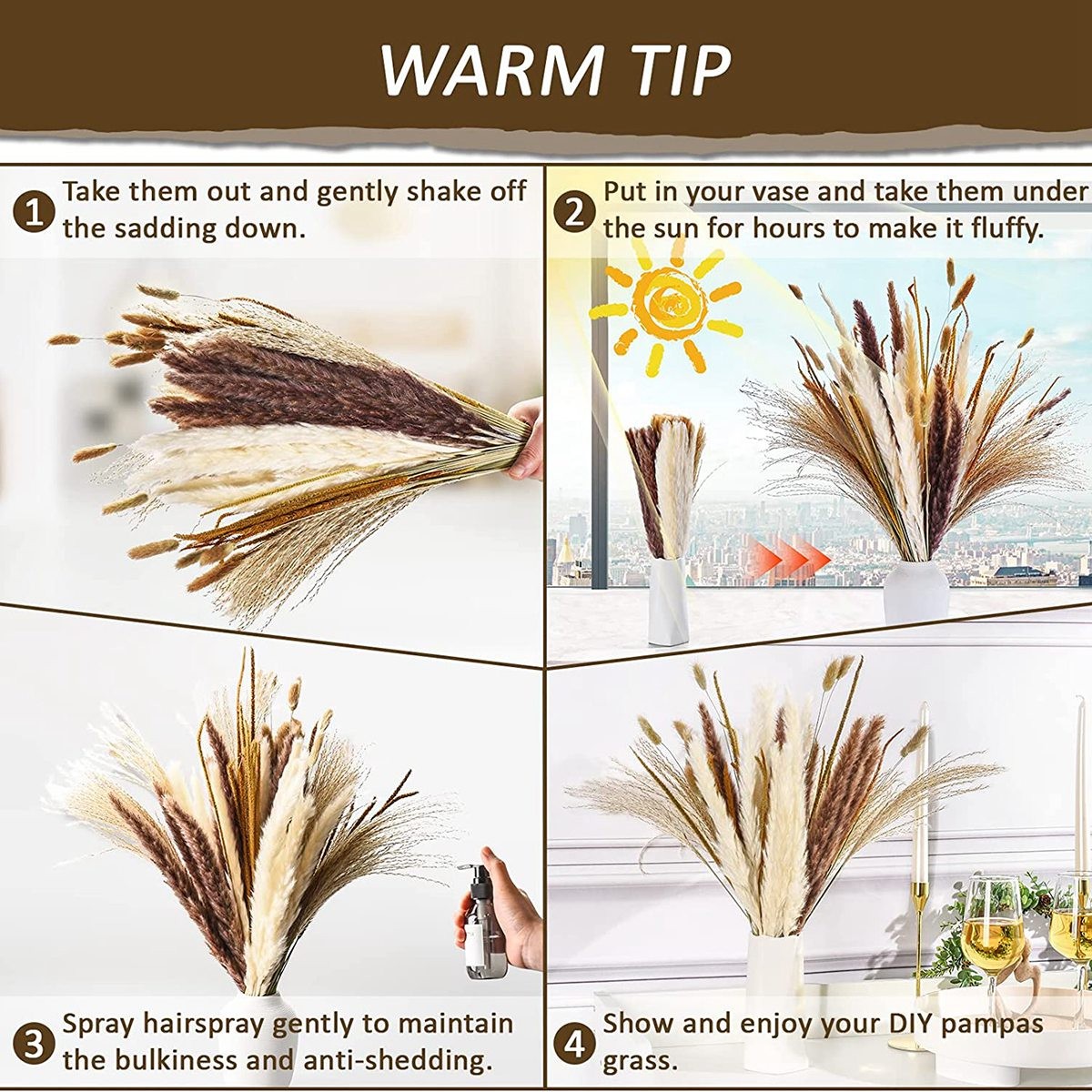 120Pcs Dried Pampas Grass Bouquet Decor, Room Wedding Party3840