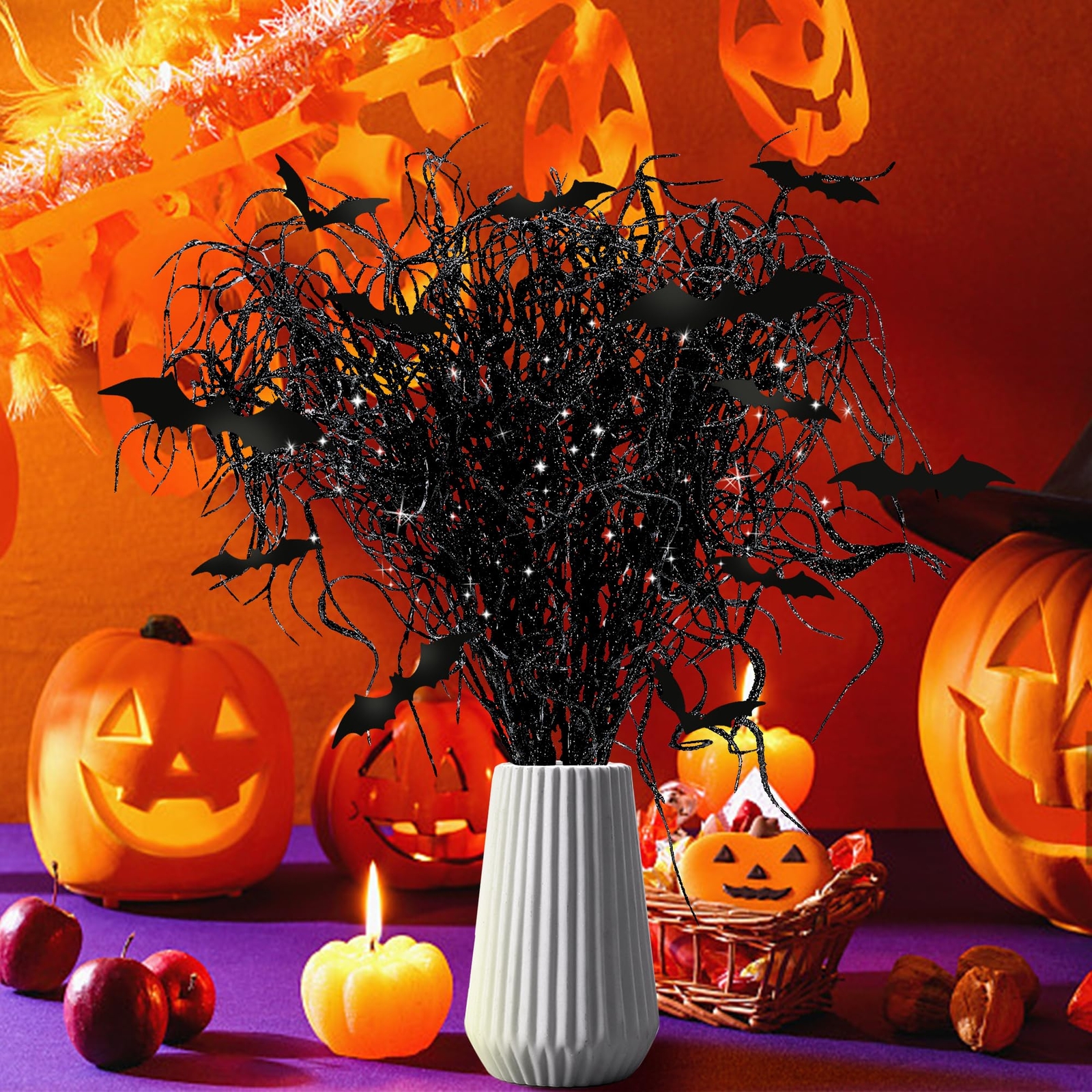 24 Pcs Halloween Artificial Curly Willow Branches with 12 Pcs Bats- Fake Blac…