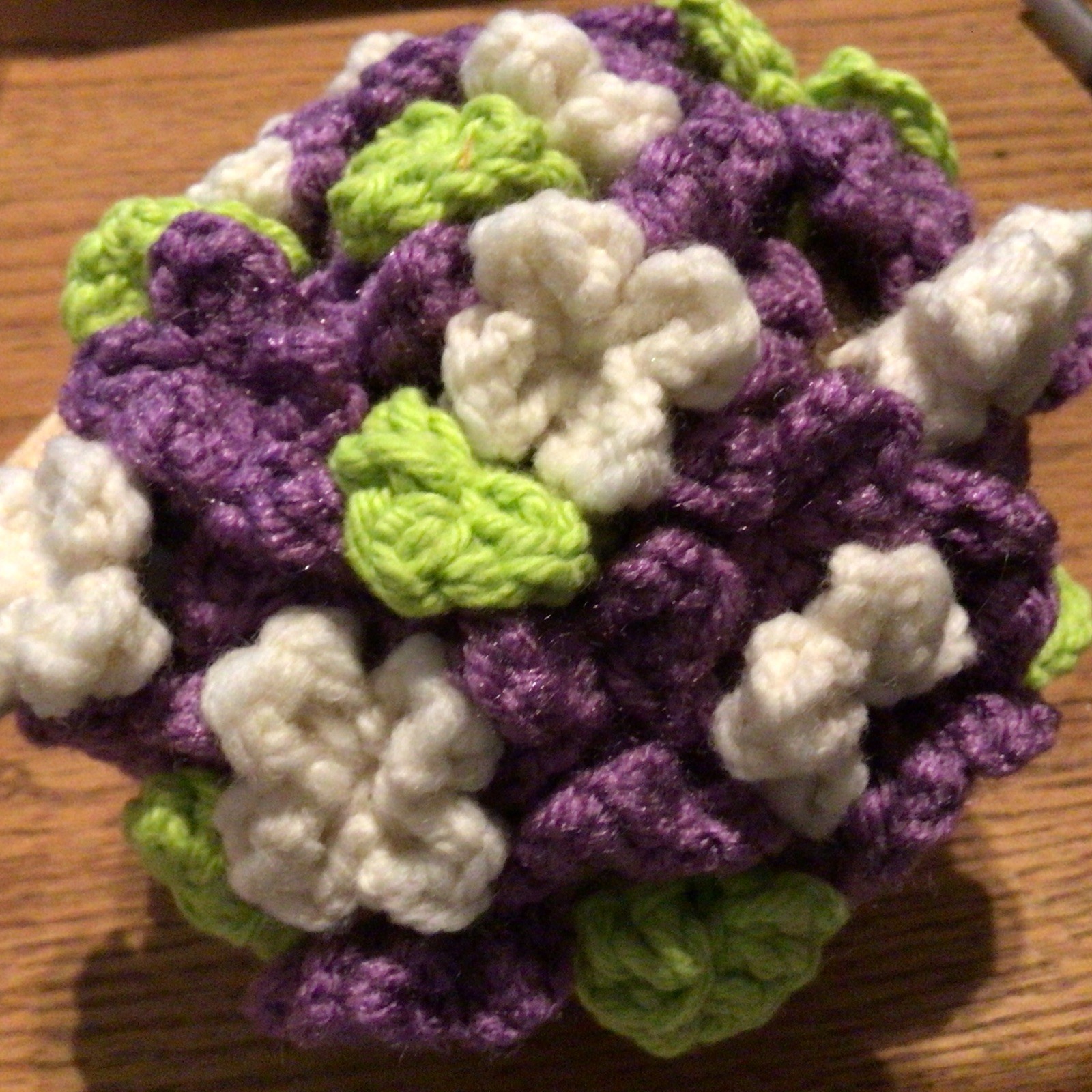 Crochet Bouquet in Yarn Vase, Handmade Floral, Purple, white, green, brown