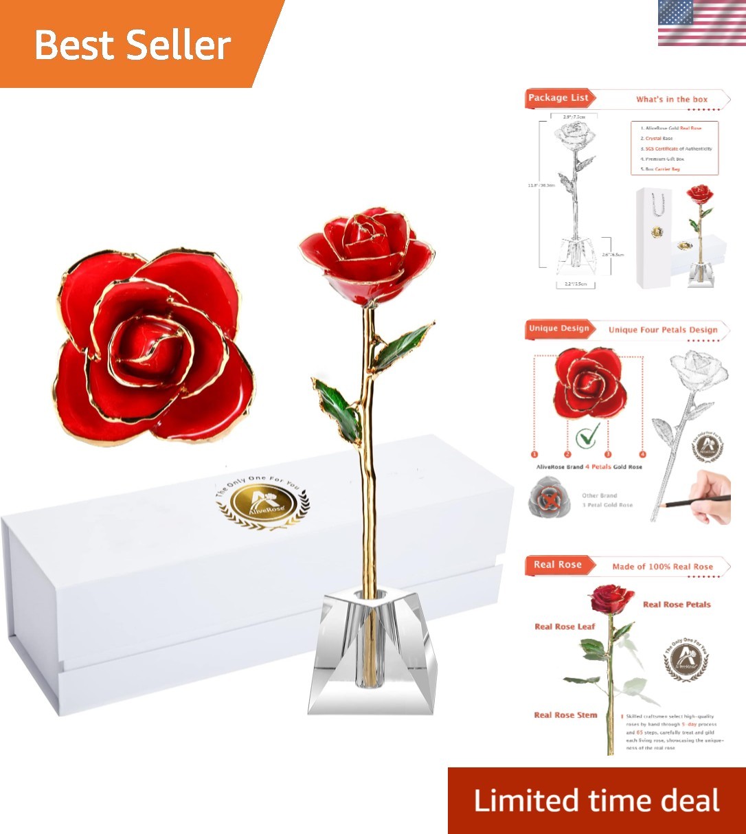 Everlasting Real Rose Dipped in 24K Gold with Stylish Vase – Ideal for Weddings