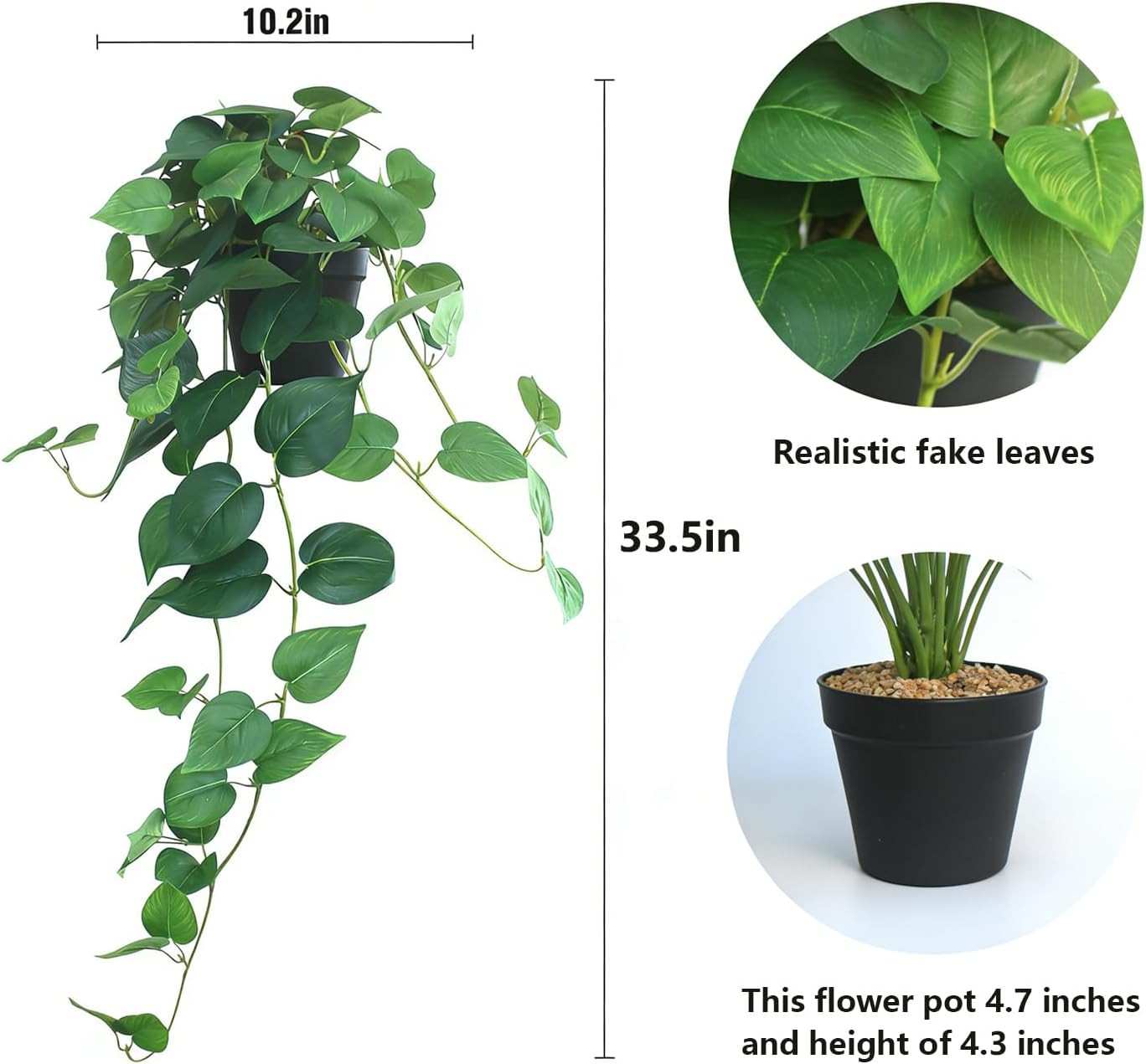 Fake Pothos Hanging Plants, 33.5″ Set of 2 with Pots Faux Plant | Artificial Rea