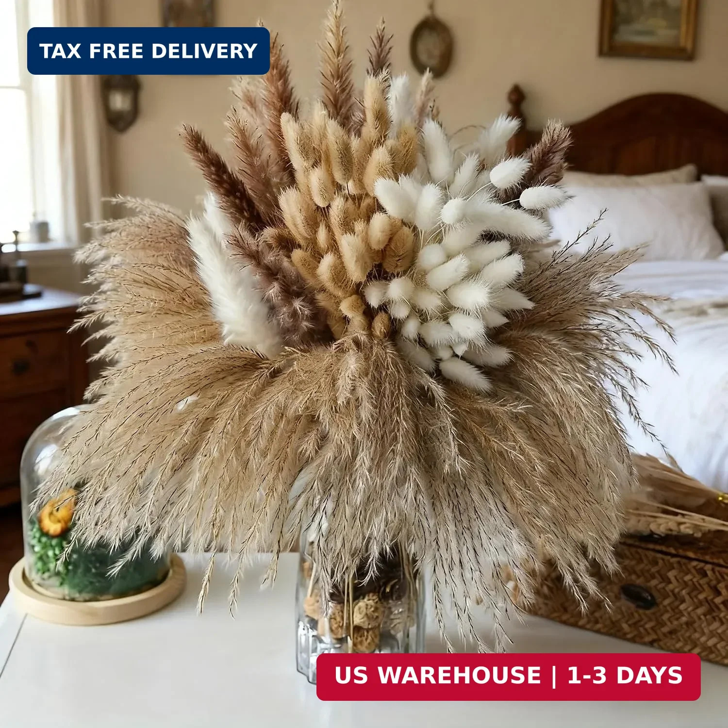 120 Stems Dried Pampas Grass Decor, White and Brown 17inch Contains Bunny Tails
