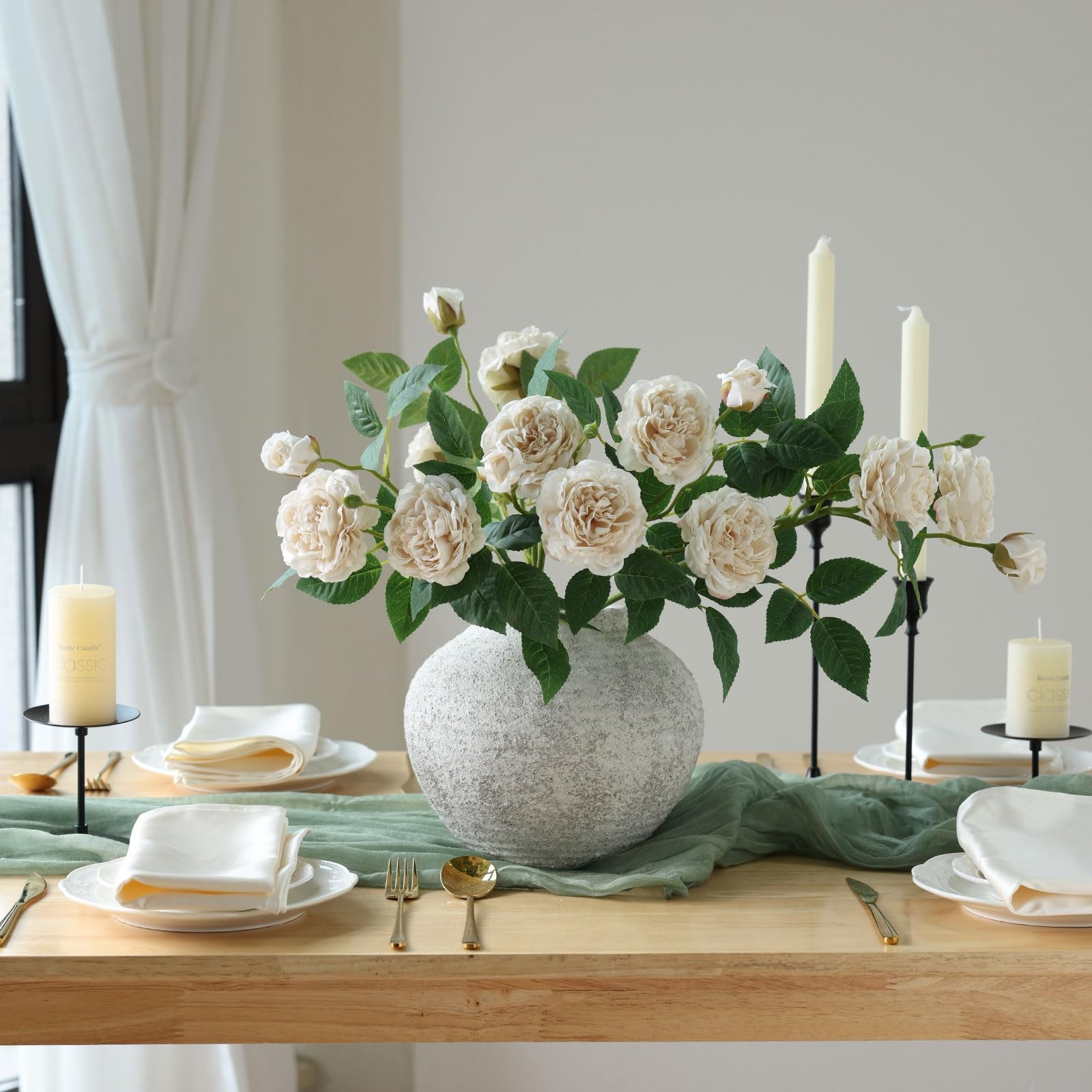 4Pcs Beige Artificial Roses Flowers Fake Silk Rose Flower with Leaves Stems R…