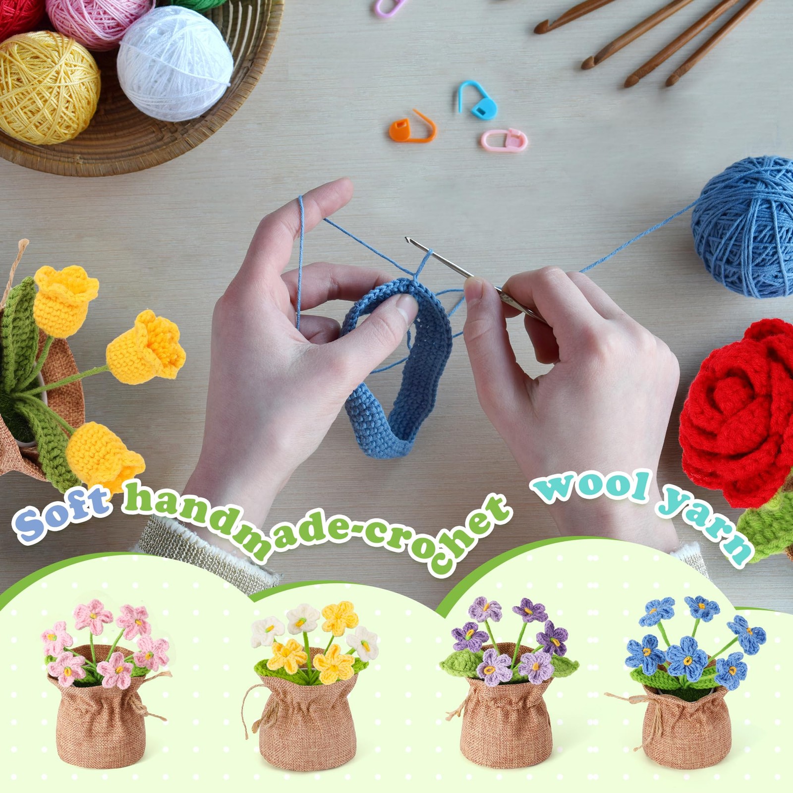 Crochet Flower Plant Empathetic Gift Women Men Desk Decor Blue Myosotis Home
