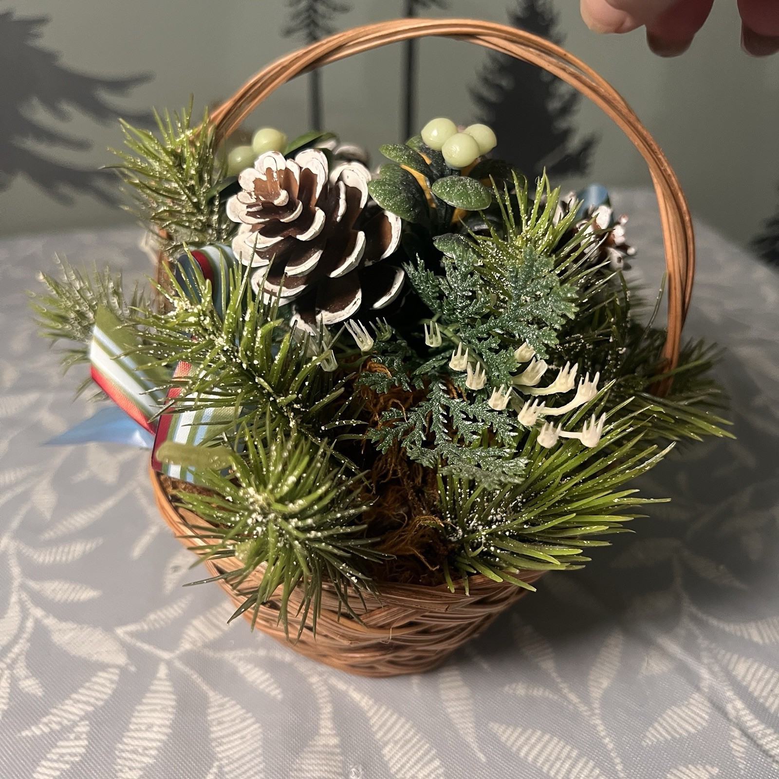 Festive Artificial Christmas Floral Arrangement In Small Round 6” Woven Basket