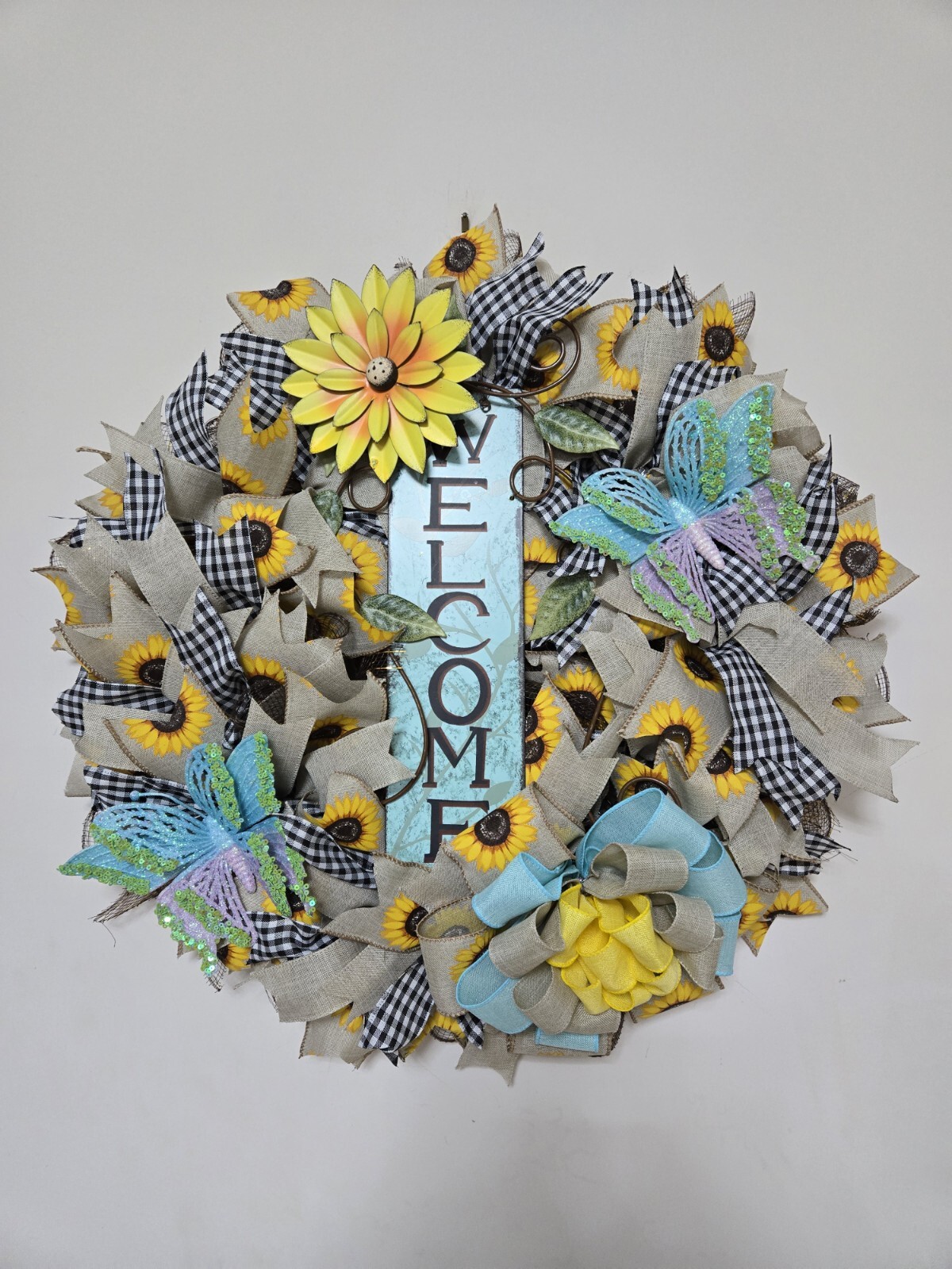 WELCOME Spring Summer Fall Front Door Wreath Wall Decor big Sunflower Butterfly