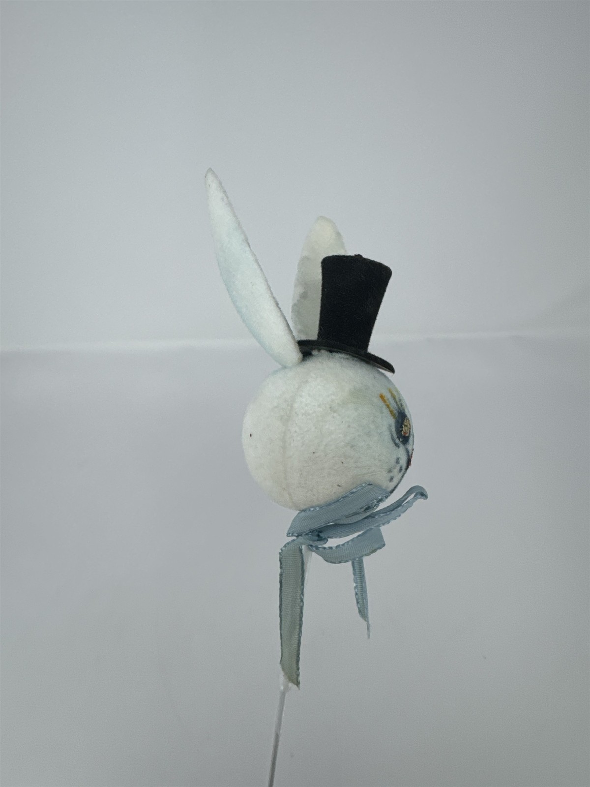 Vtg Easter Flocked Bunny Head Floral Pick Top Hat Blue Ribbon Felt Rabbit 11″