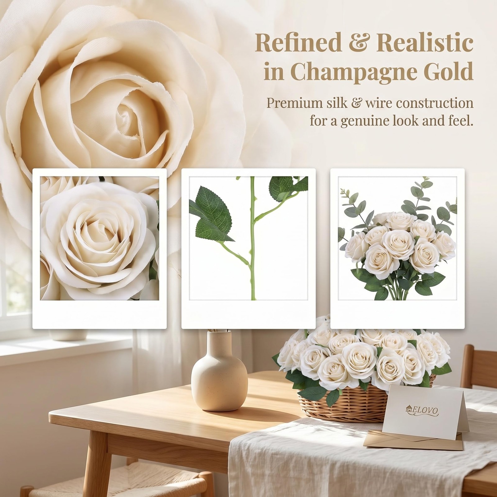 52pcs Beige Roses Artificial Flowers Fake Flowers Silk Roses with Stems for D…