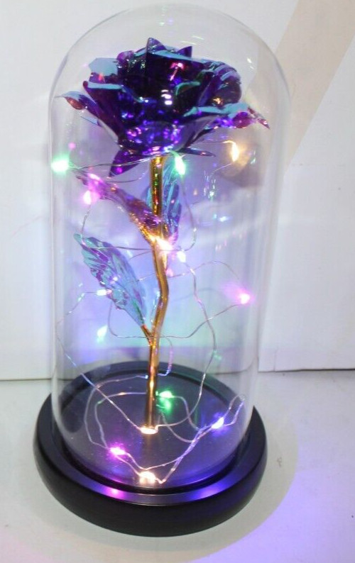 Blue Eternal Rose w LED Lights in Glass Dome Mothers Valentines Anniversary Gift