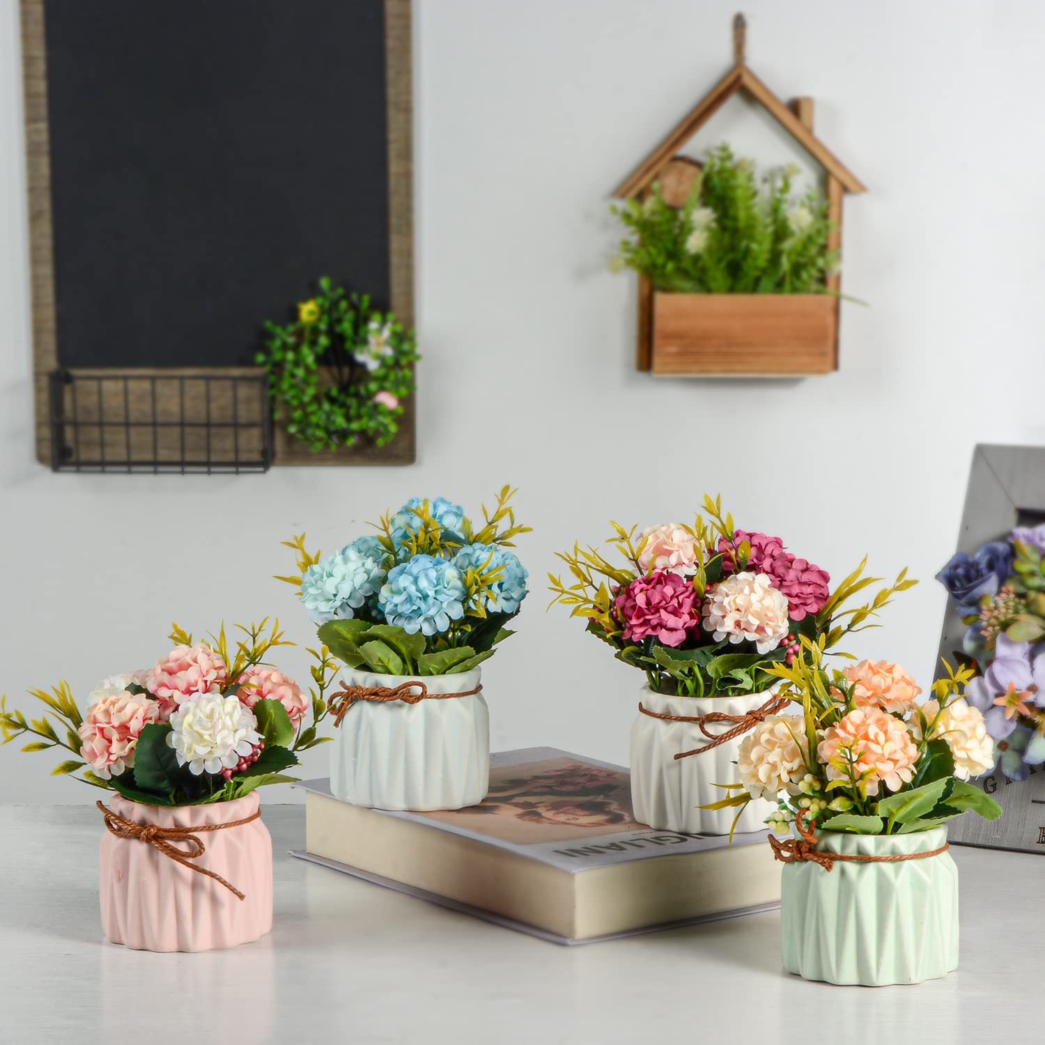 Artificial Flower Plants – Mini Fake Hydrangea Flowers in Pot for Home Decor …