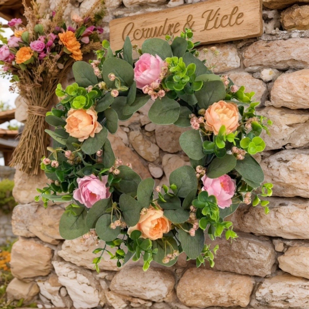 For Home Decor Artificial Wreath 38cm with Peonies Eucalyptus Plastic Material