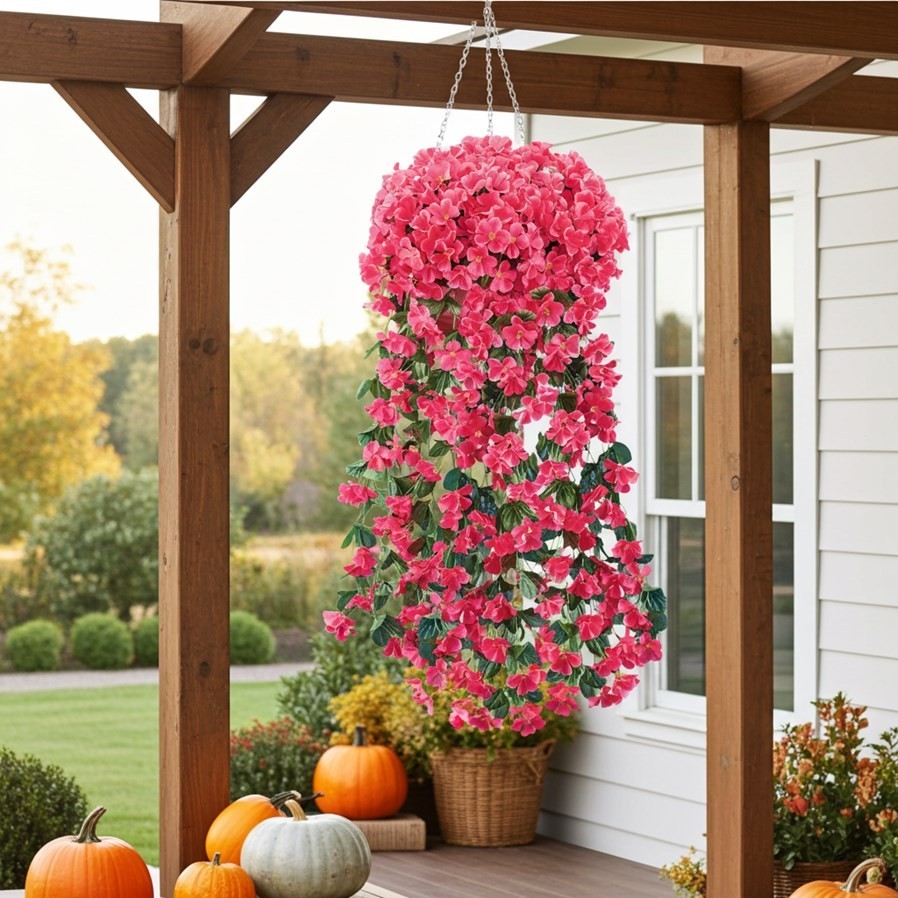 Set of 2 Artificial Cascading Fuchsia Blossoms Hanging Baskets/Vases Bushes