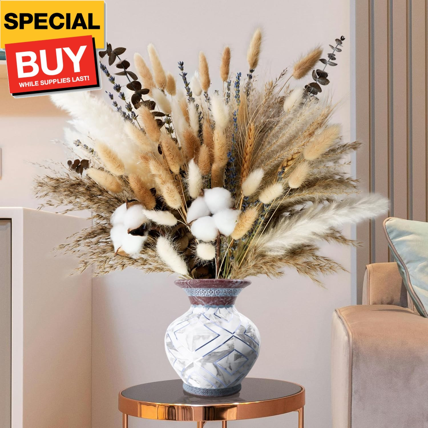 Natural Dried Flower Bouquet – Pampas Grass, Cotton Stems, Bunny Tails, Eucalypt