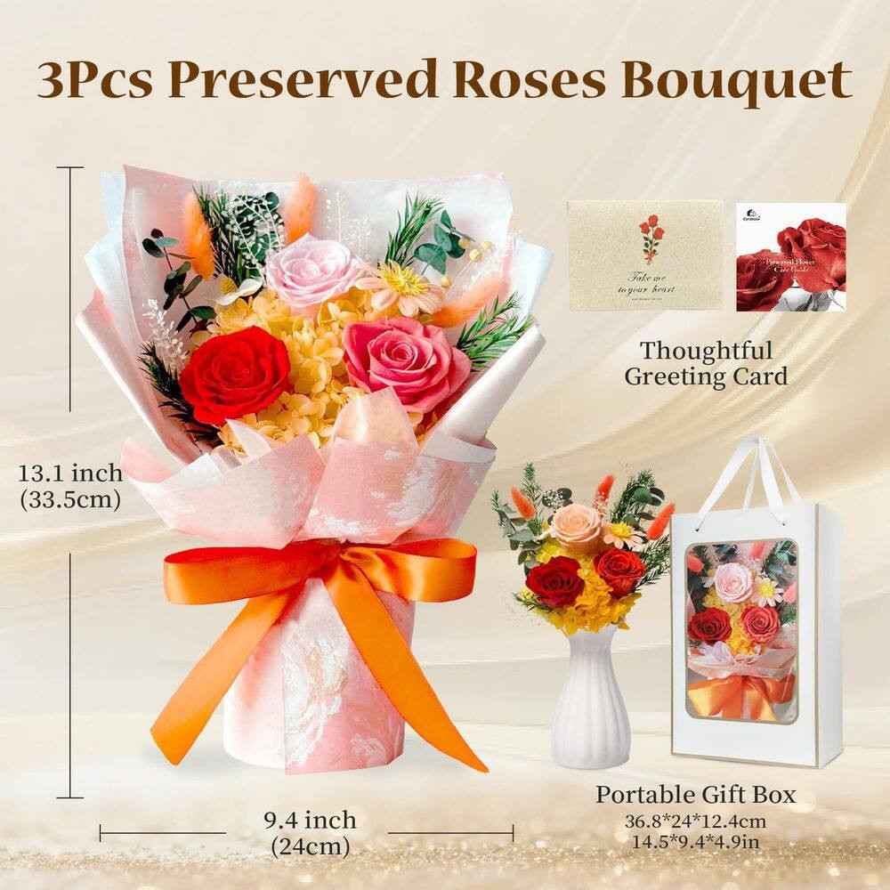 13.1 In. Orange Artificial Preserved Rose Bouquet-Includes Gift Box and Greeting