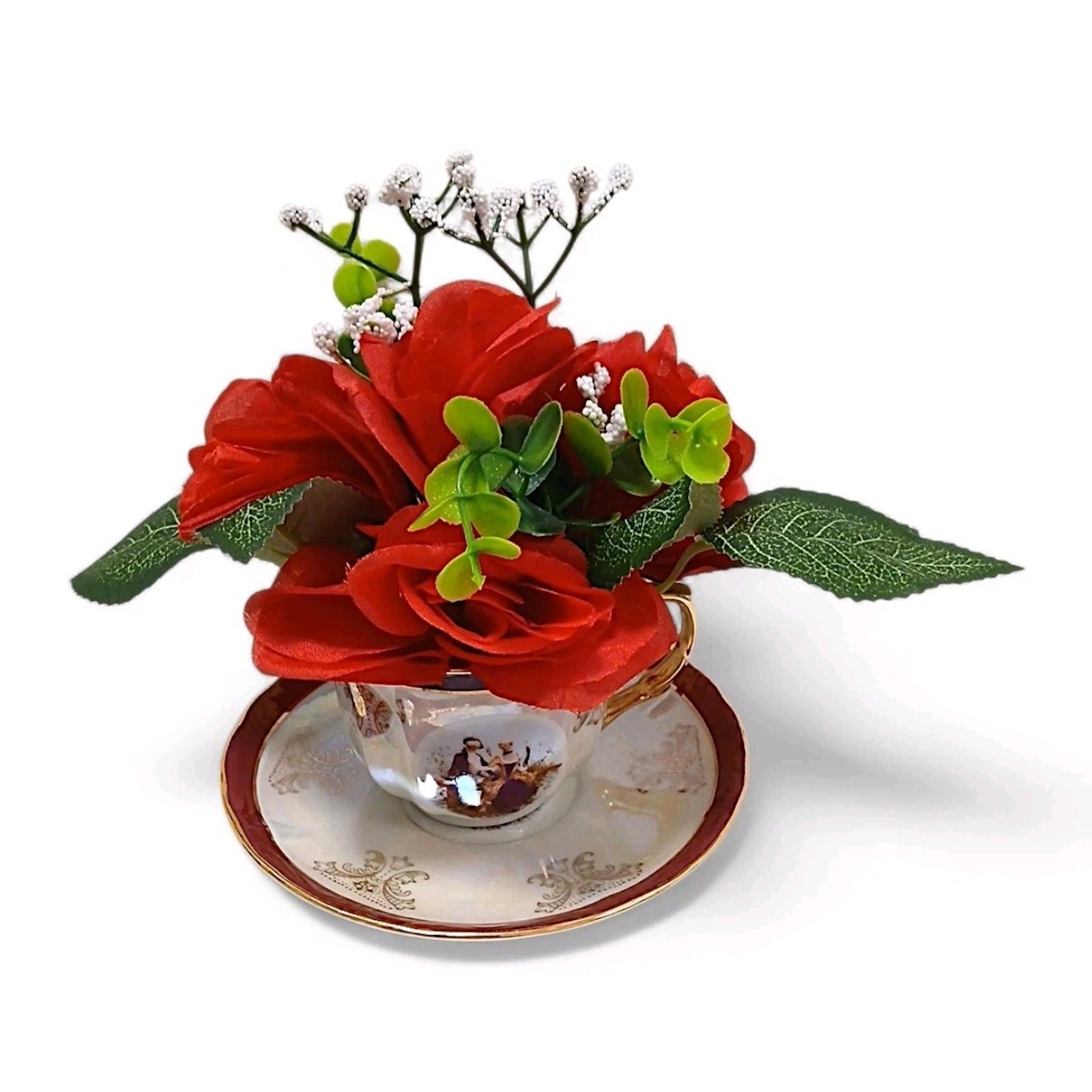 Silk Floral Arrangement Red Roses Leafy Tea Party Cup POP-IN Love Romantic Gift