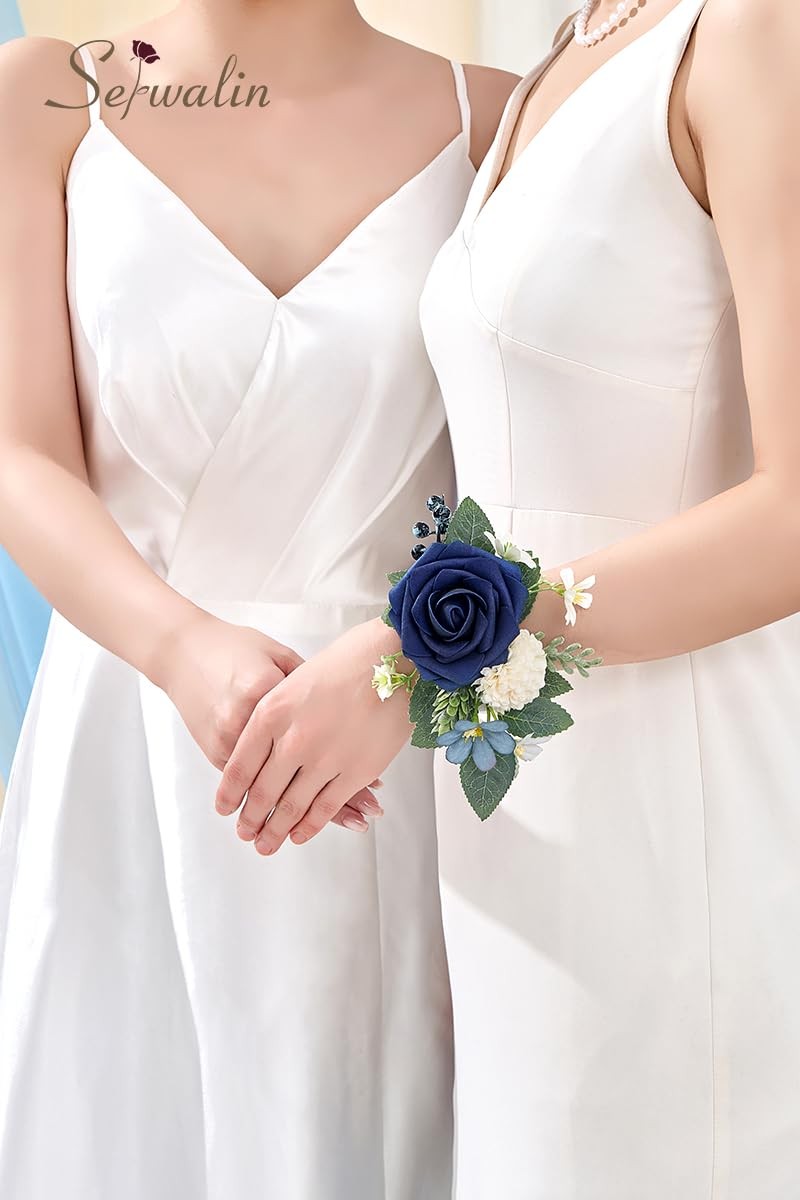 6-7 Inch Navy Blue Wrist Corsage Wedding Bridesmaid Artificial Flowers 2 PCS