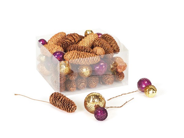 Melrose 41 Rich Plum Purple Gold Disco Balls Glitter Christmas Pine Cones 4″