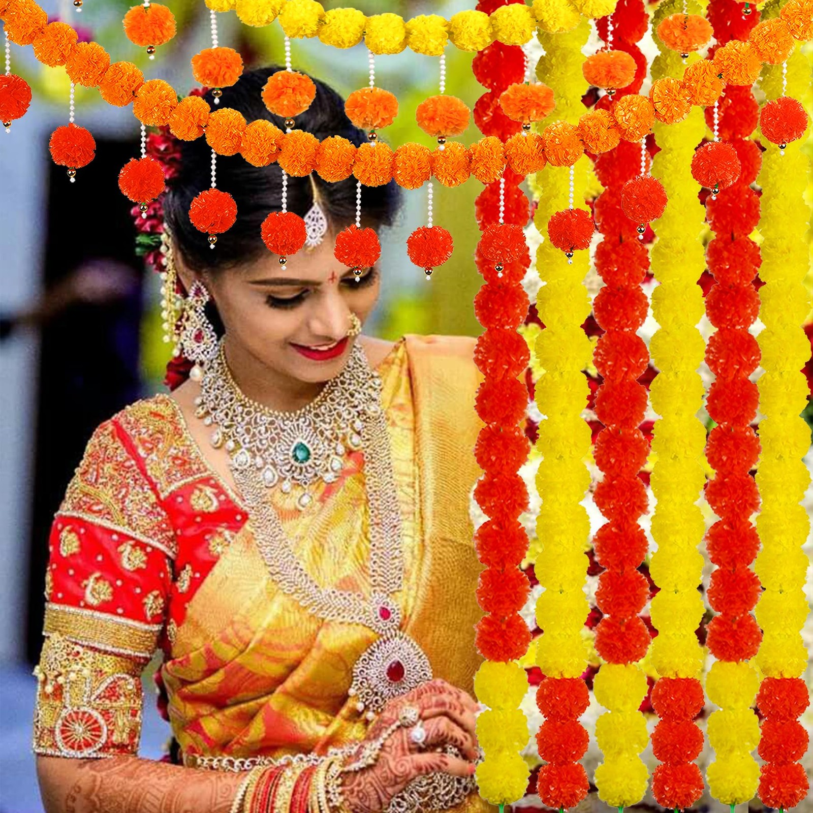 Diwali Artificial Marigold Garland with Pearls for Mantel, Pendant for Home I…
