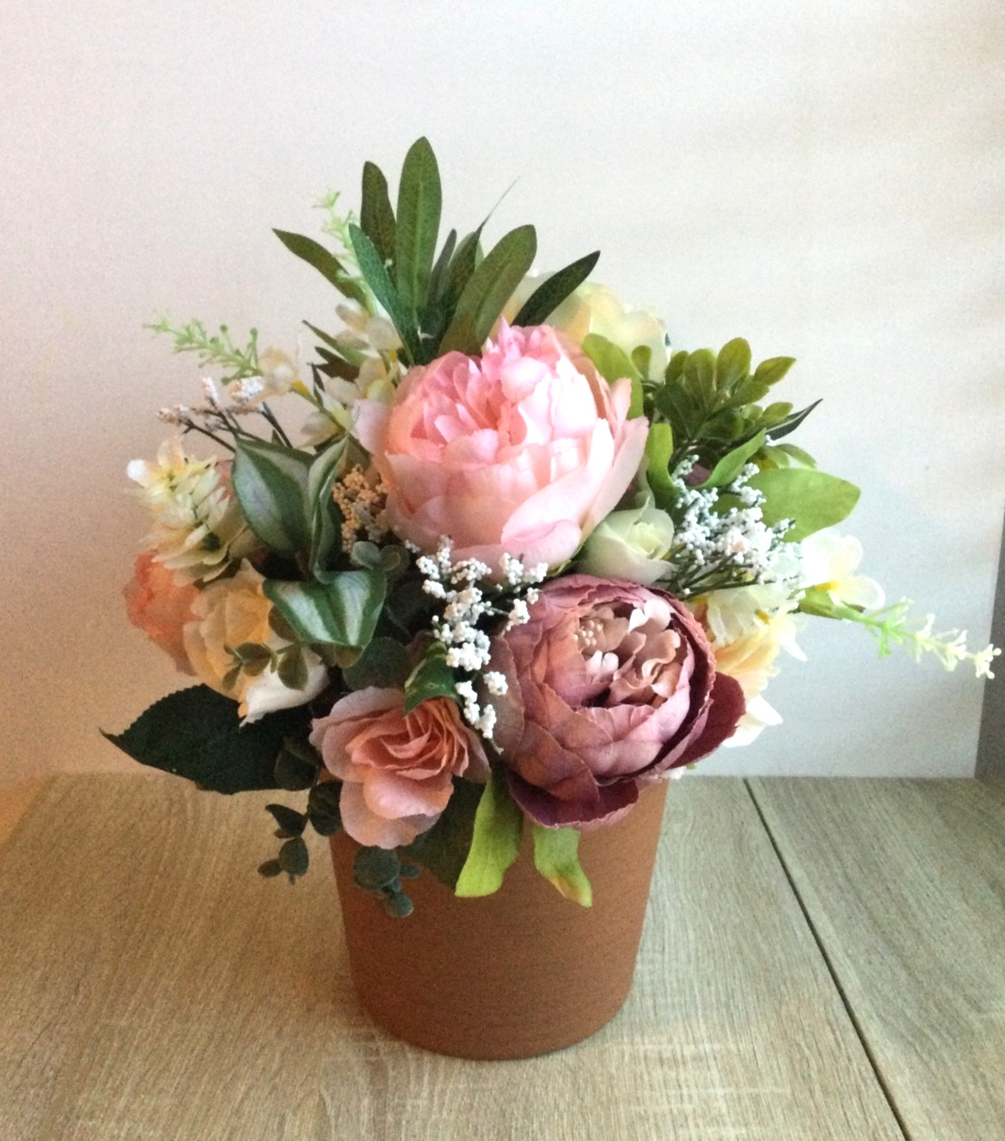 Faux Floral Arrangement in Plastic Pot 14″ Peony Rose Dahlia Pink Peach White