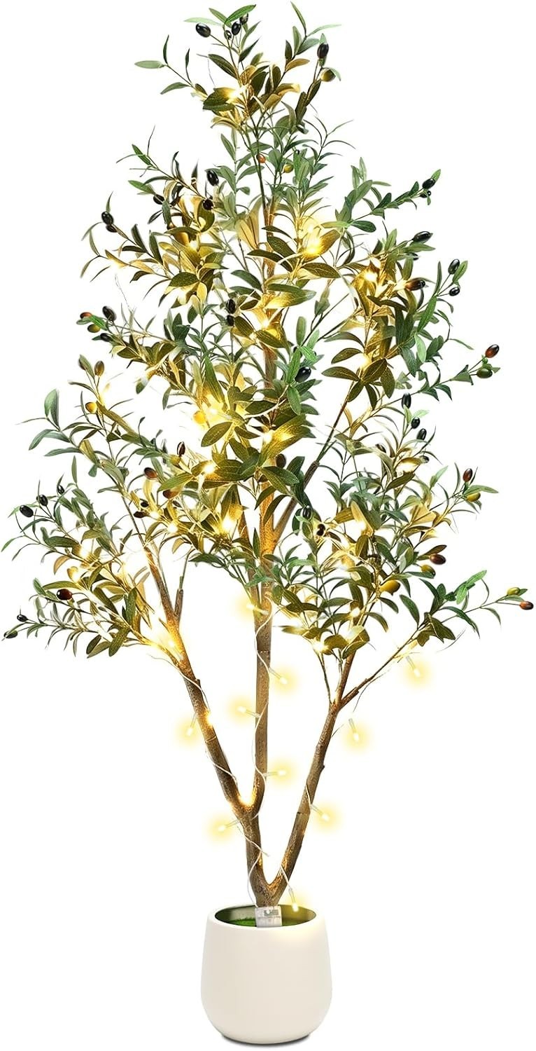 6FT Artificial Olive Tree Indoor with Lights & Planter, Realistic Faux Olive …