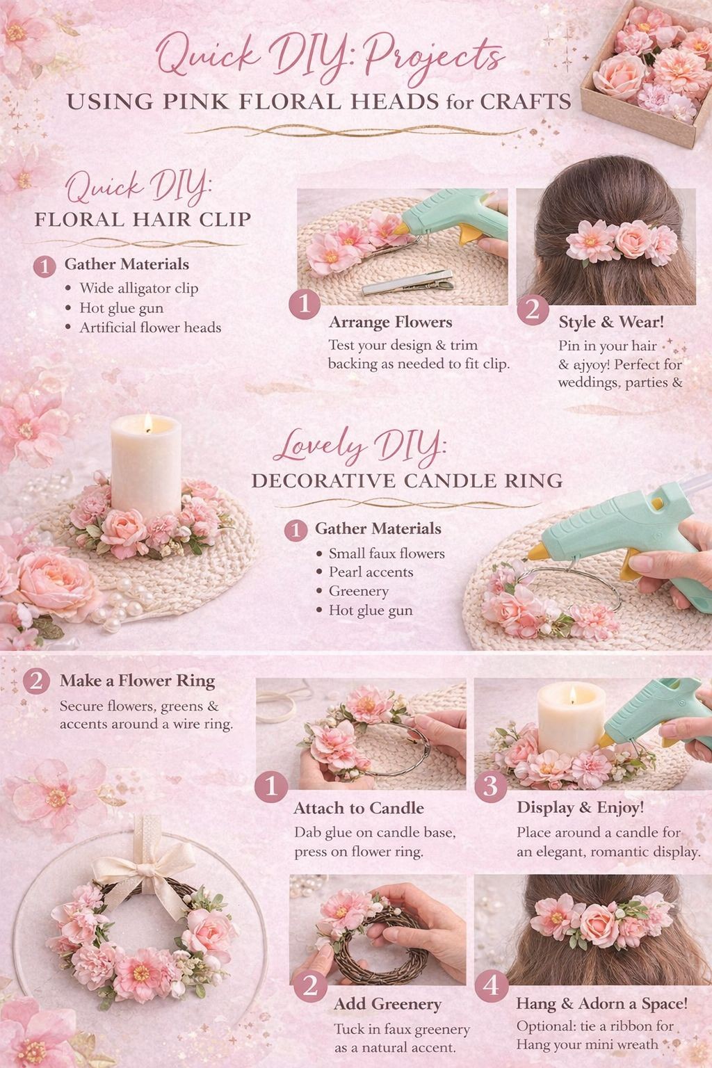 25 Pink Artificial Flower Heads for DIY Crafts – Roses, Daisies, Orchids