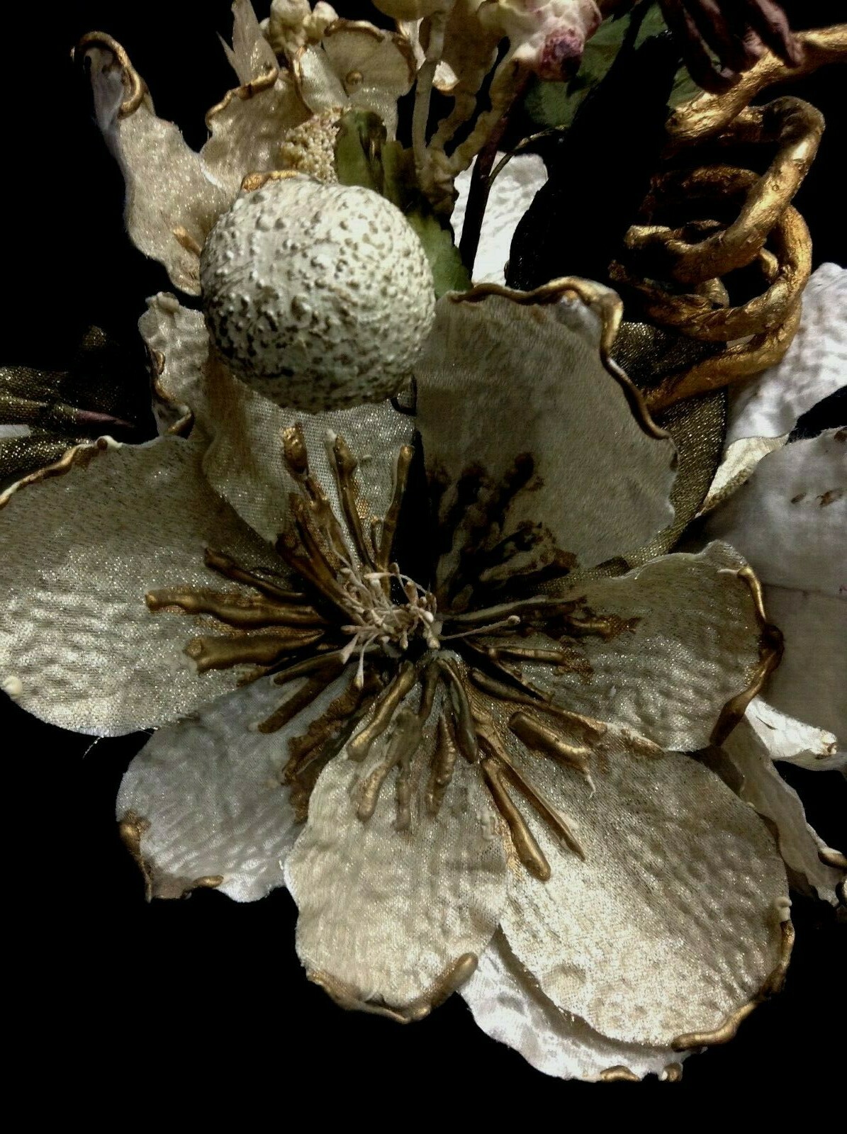 3 White Flower Floral Picks Stems Gold Green Leaves Holidays Berries Glitter
