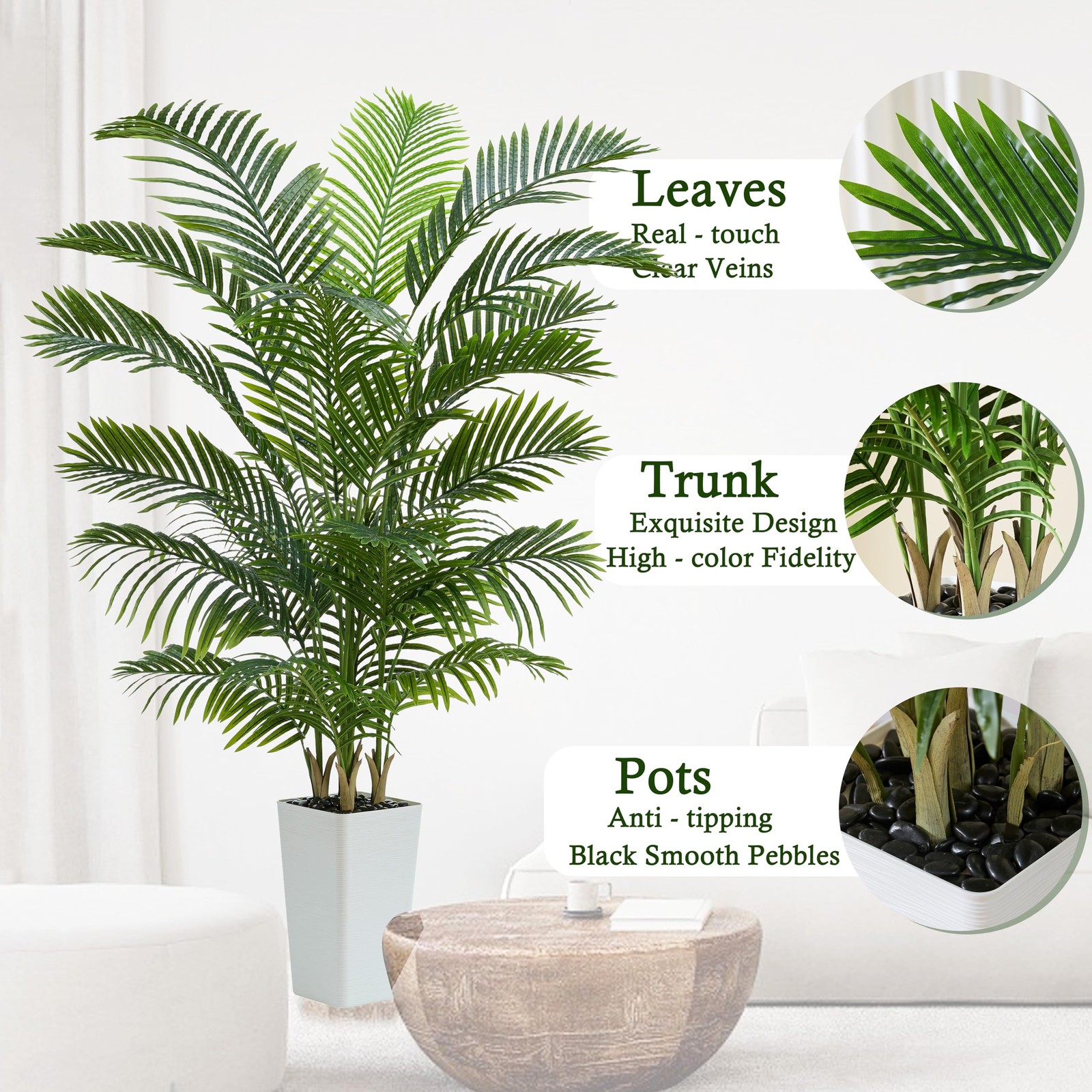 Artificial Palm Tree:6FT Tall Fake Areca Palm Plant (White Planter)