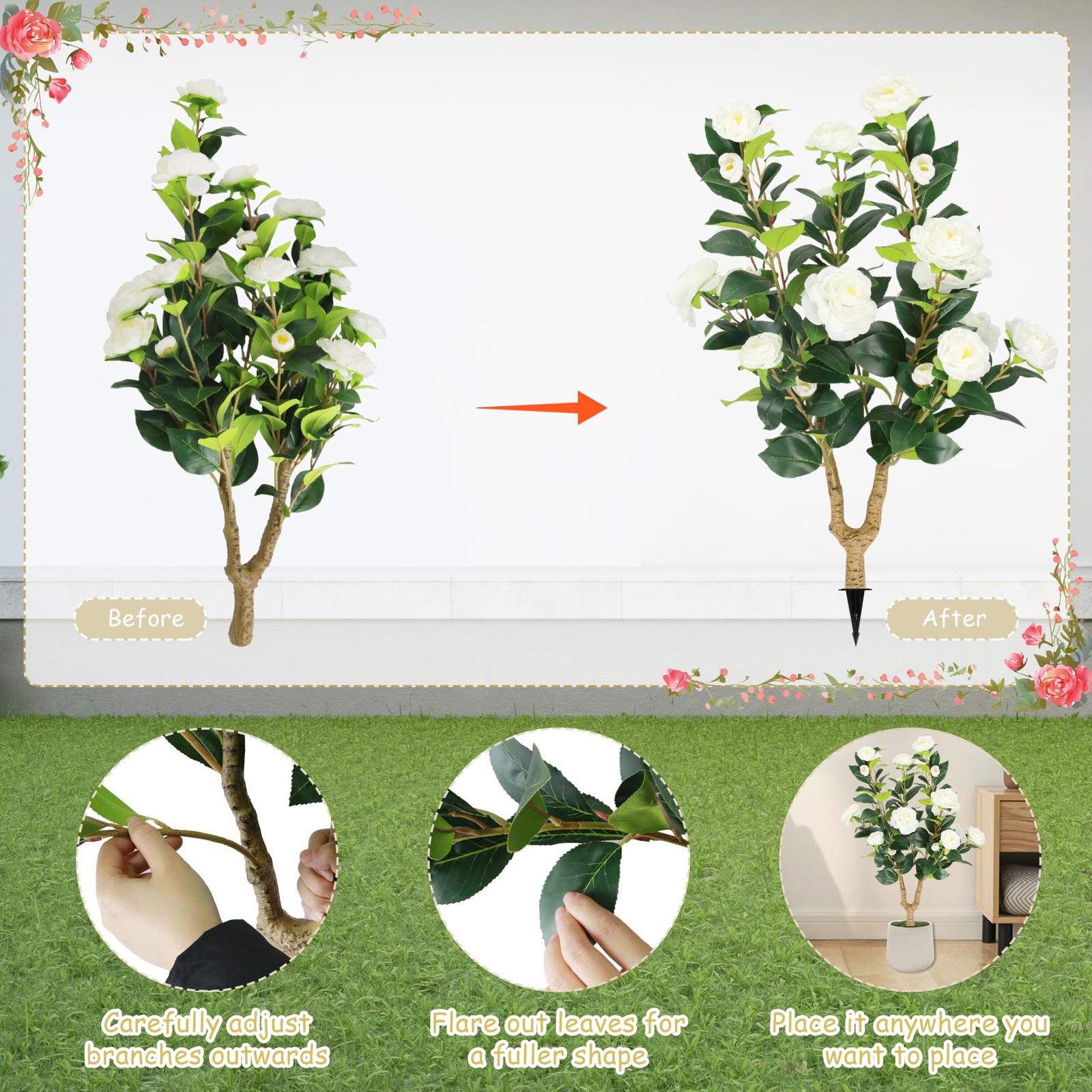 2 Packs 35.5″ Artificial Camellia Tree, Faux White Camellia Flowers Plant wit…