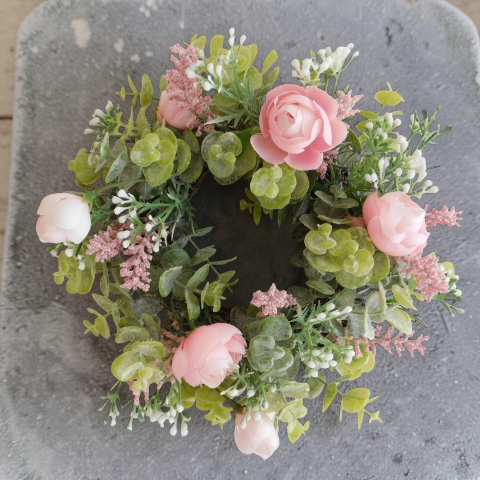 Dusty Miller Mini Wreath, Eucalyptus, Pink Flowers, Candle Ring