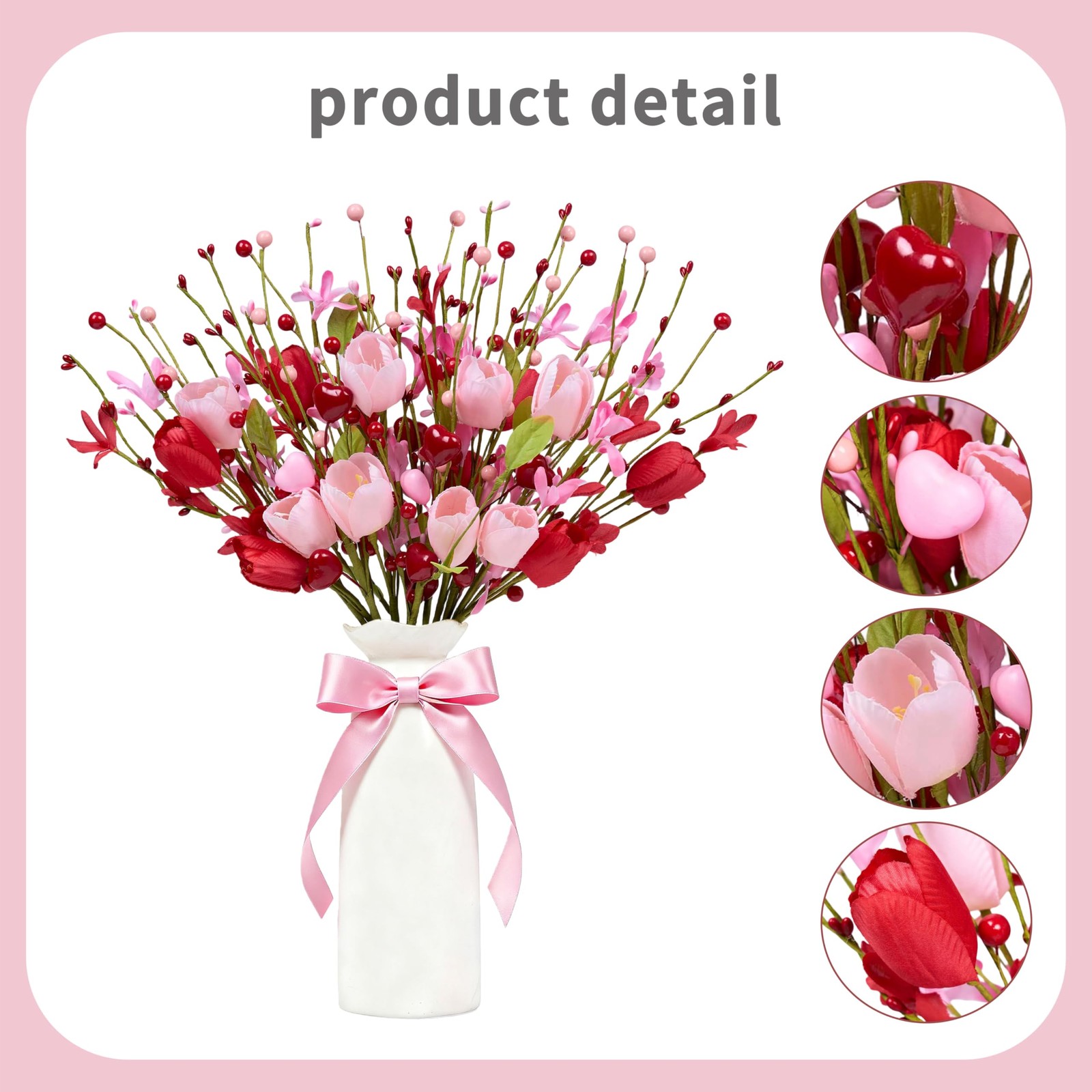12 PCS 17 Inch Pink Red Tulip Love Heart Berries Artificial Flower Picks