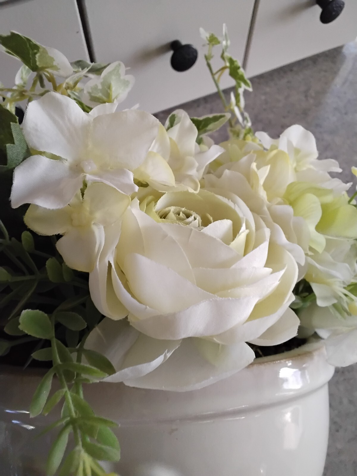 White on White Artificial Roses & Hydrangeas with Greens in Ceramic Cream Pot