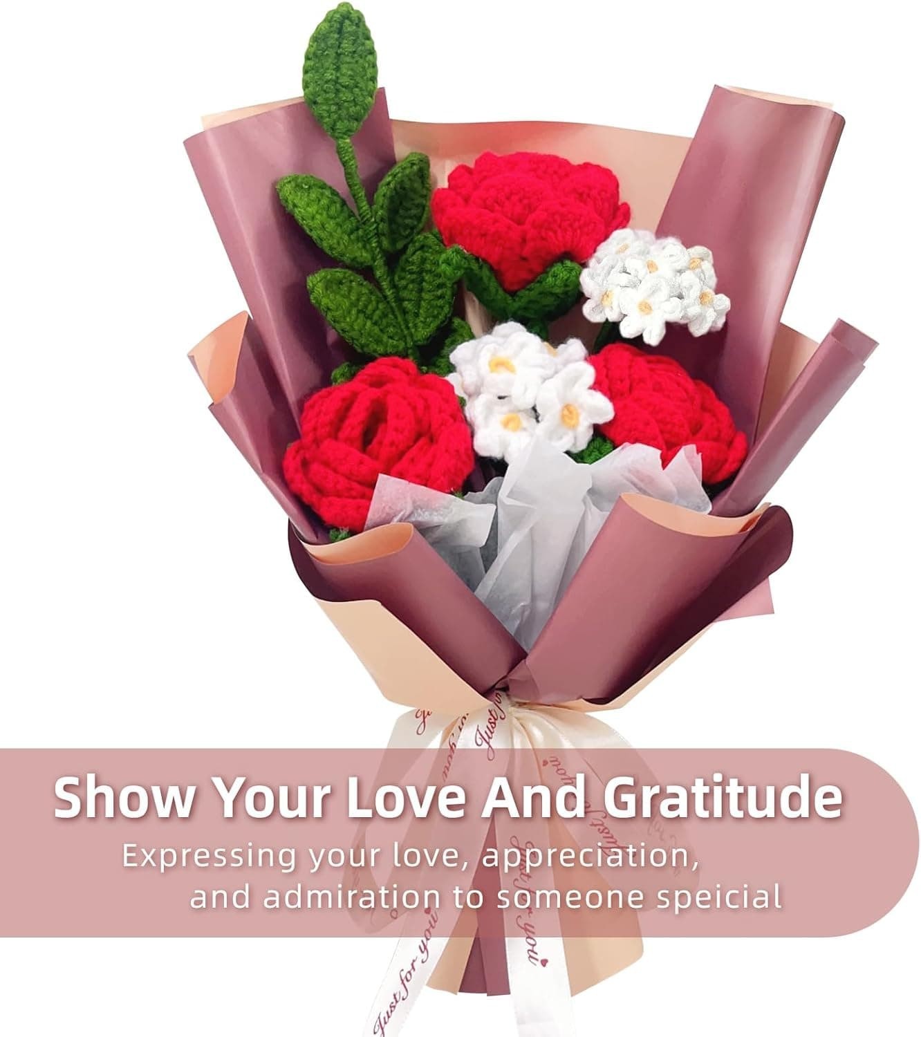 Red Rose Forget Me Not Knitted Artificial Flowers Gift for Mother Wife Women