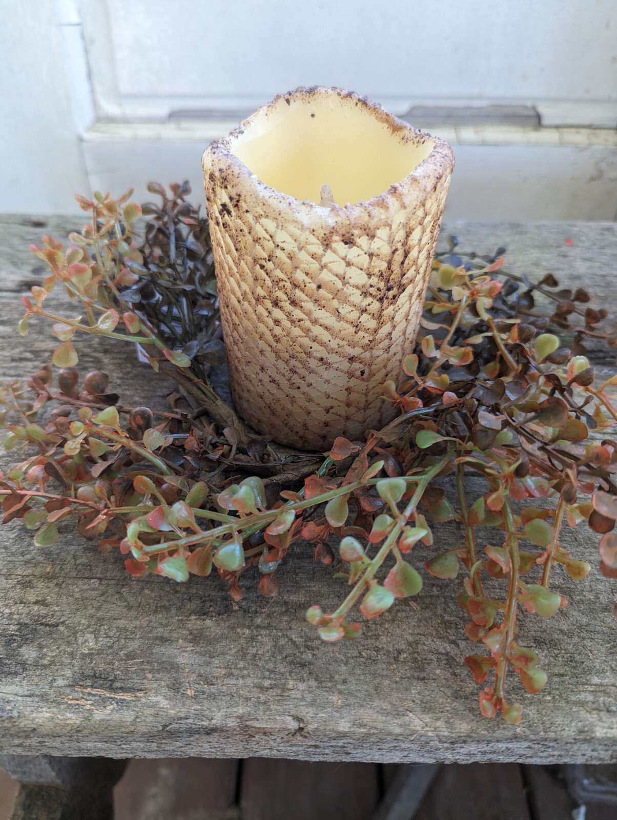 Pepper GRASS Candle Ring Red Green Fall Autumn Farmhouse 4″ inside 11″ W NEW